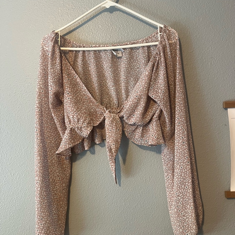 Princess Polly Pink Long Sleeve Tie Front Crop Blouse
